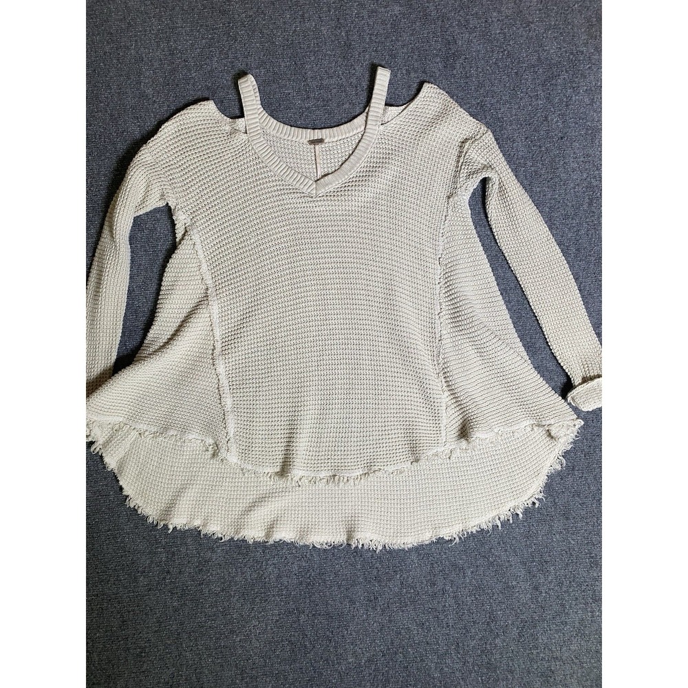 Free People Sweater S Beige Moonshine Cold Shoulder Waffle Knit Boho Festival